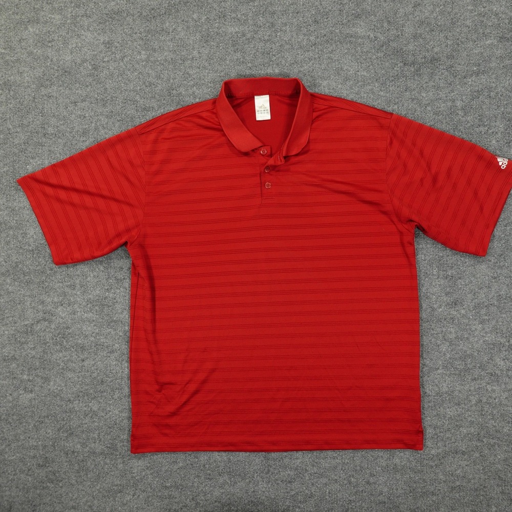 Adidas Polo Shirt Mens 2XL Red Striped 100% Polyester Knit Golf Casual Logo